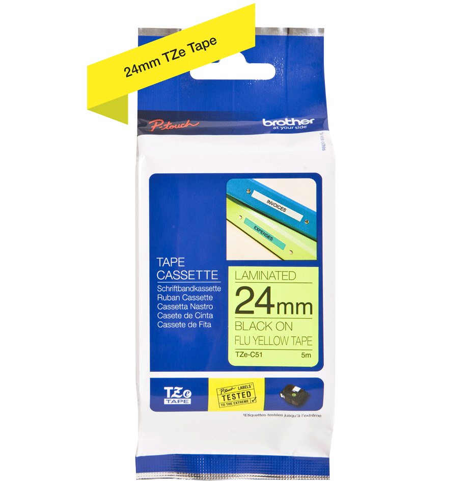 Cassetta nastro per etichettatura originale Brother TZe-C51 – Nero su giallo fluorescente, 24 mm di larghezza 3